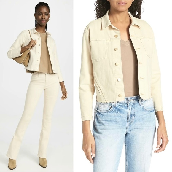 NWT L'AGENCE 90s Ivory Distressed Stretch Denim Raw Hem Crop Slim Jean Jacket S - Picture 7 of 16